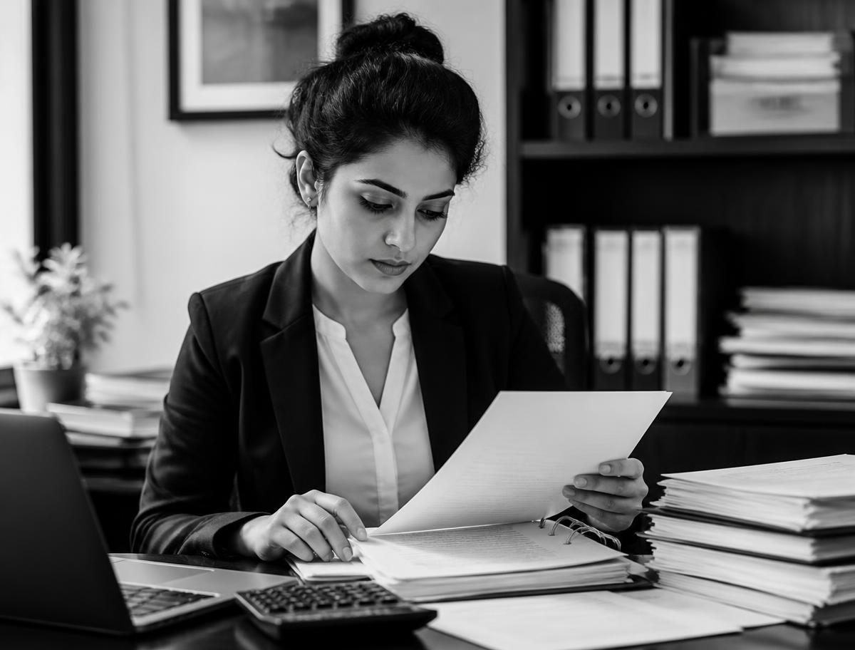 Accountant checking compliance paperwork at a desk