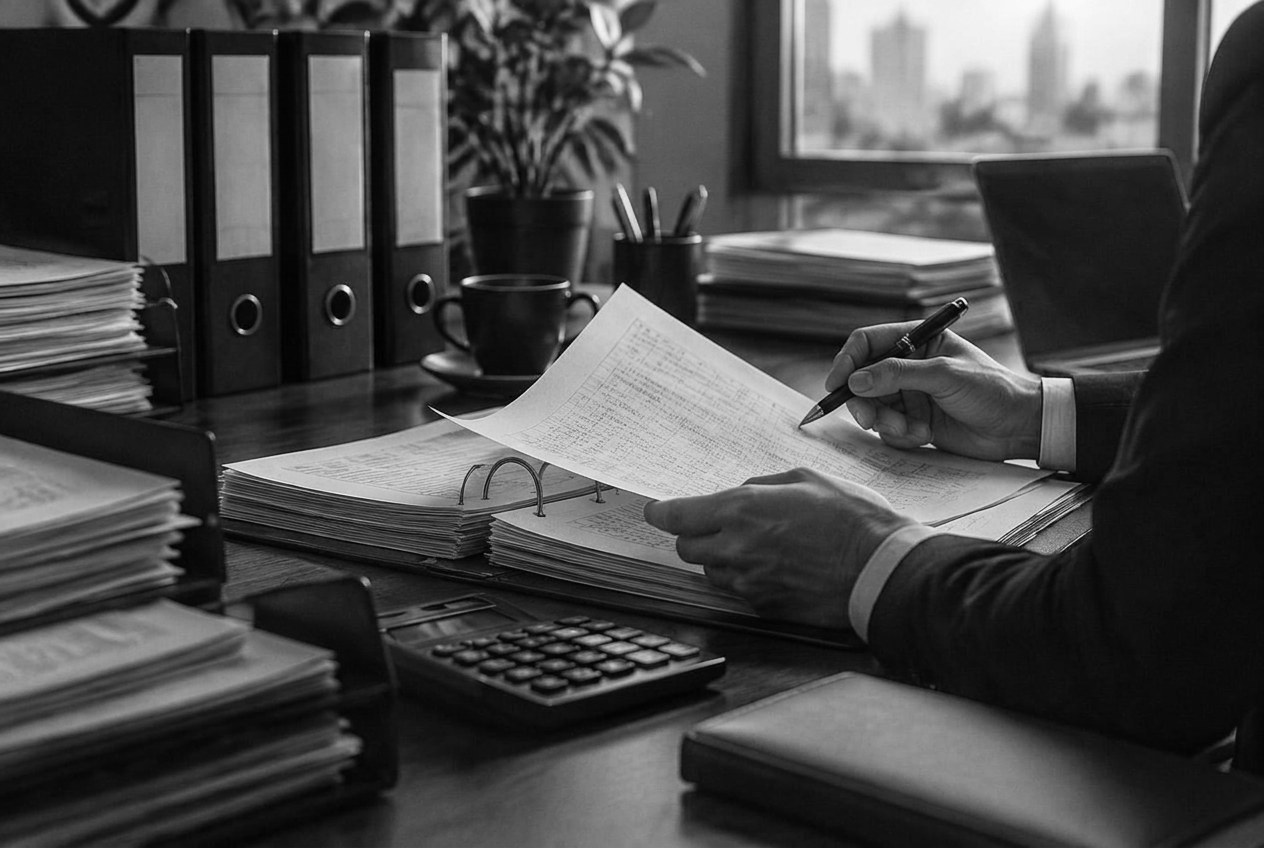 Professional reviewing financial records in a ring binder beside organised files and a calculator