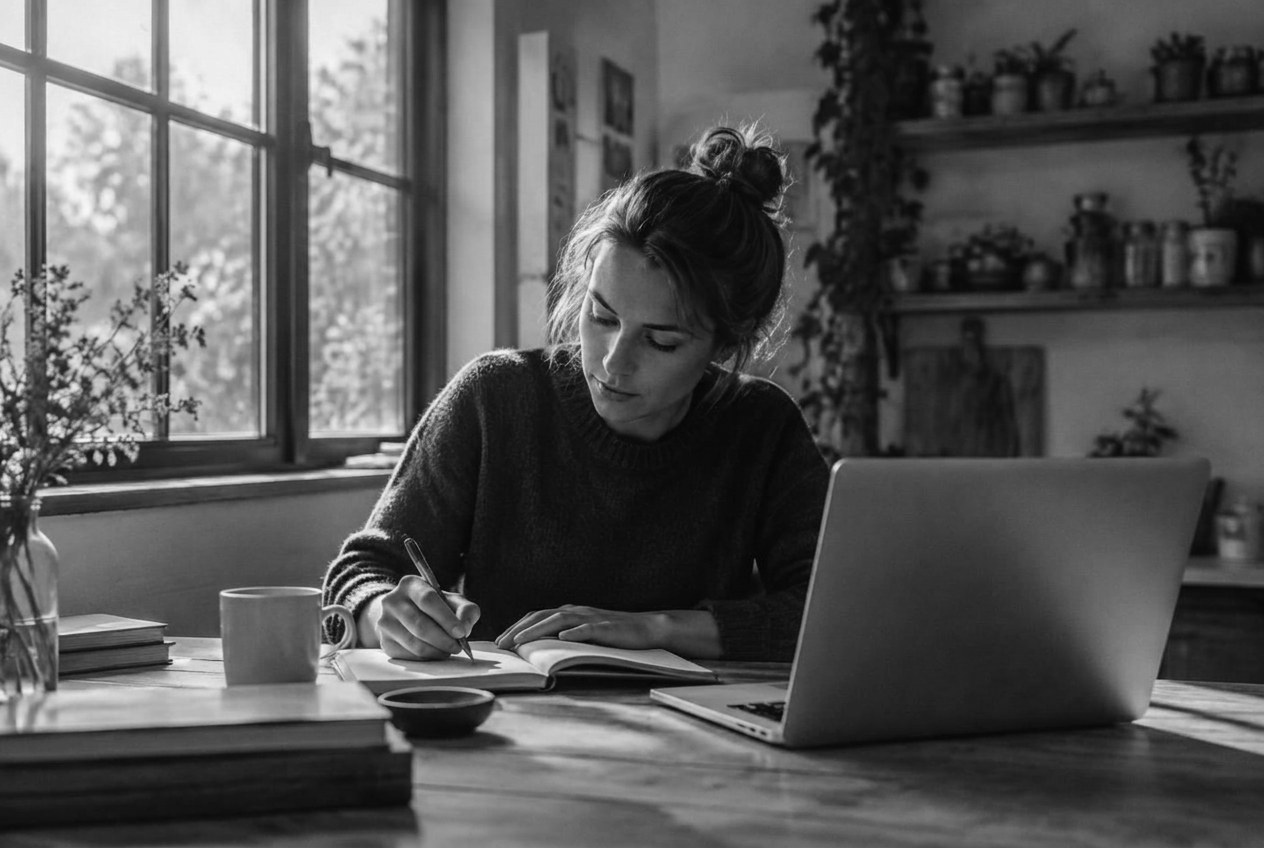 New business owner writing plans in a notebook at a desk beside a laptop