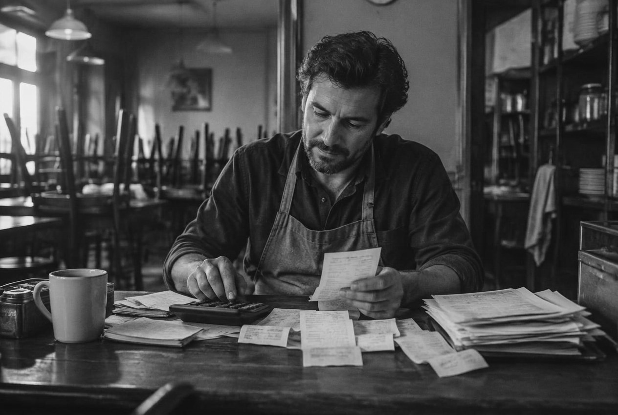 Café owner calmly working through receipts and payroll paperwork with a calculator after hours